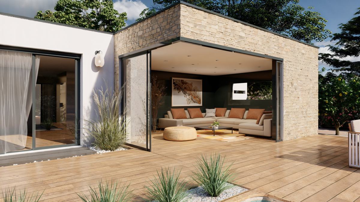 Séjour ouvert sur terrasse bois